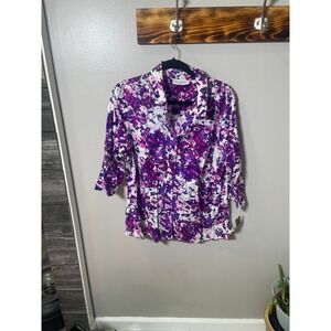 Breckenridge Woman Purple Abstract Brushstroke Button Front 3/4 Sleeve Blouse 1X